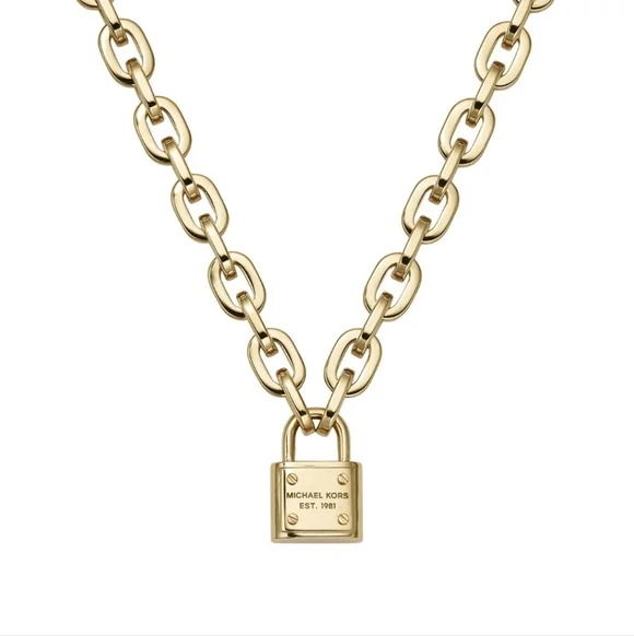 Michael Kors Chain Link Padlock Necklace 14k Gold Plated Stainless Steel NWT - Picture 1 of 16